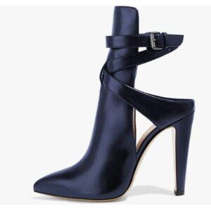 FSJ Women Pointed Toe Chunky High Heel Strappy Dress Bootie Pump Ankle Wrap Blue